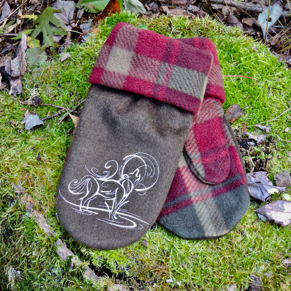 Embroidered Fleece Mittens~Maple Leaf Tartan