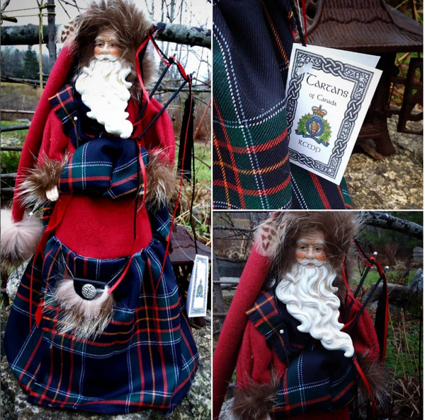 Collage of a traditional Scottish outfit with RCMP tartan skirt and fur accents, featuring a 'Tartans of Canada' RCMP Tartan certificate.